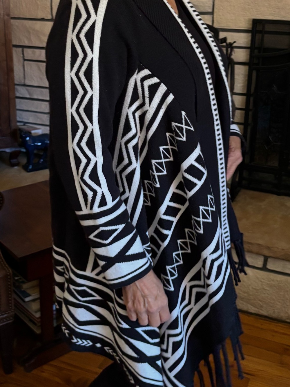 Chico's Black and White Geometric Fringe Cardigan